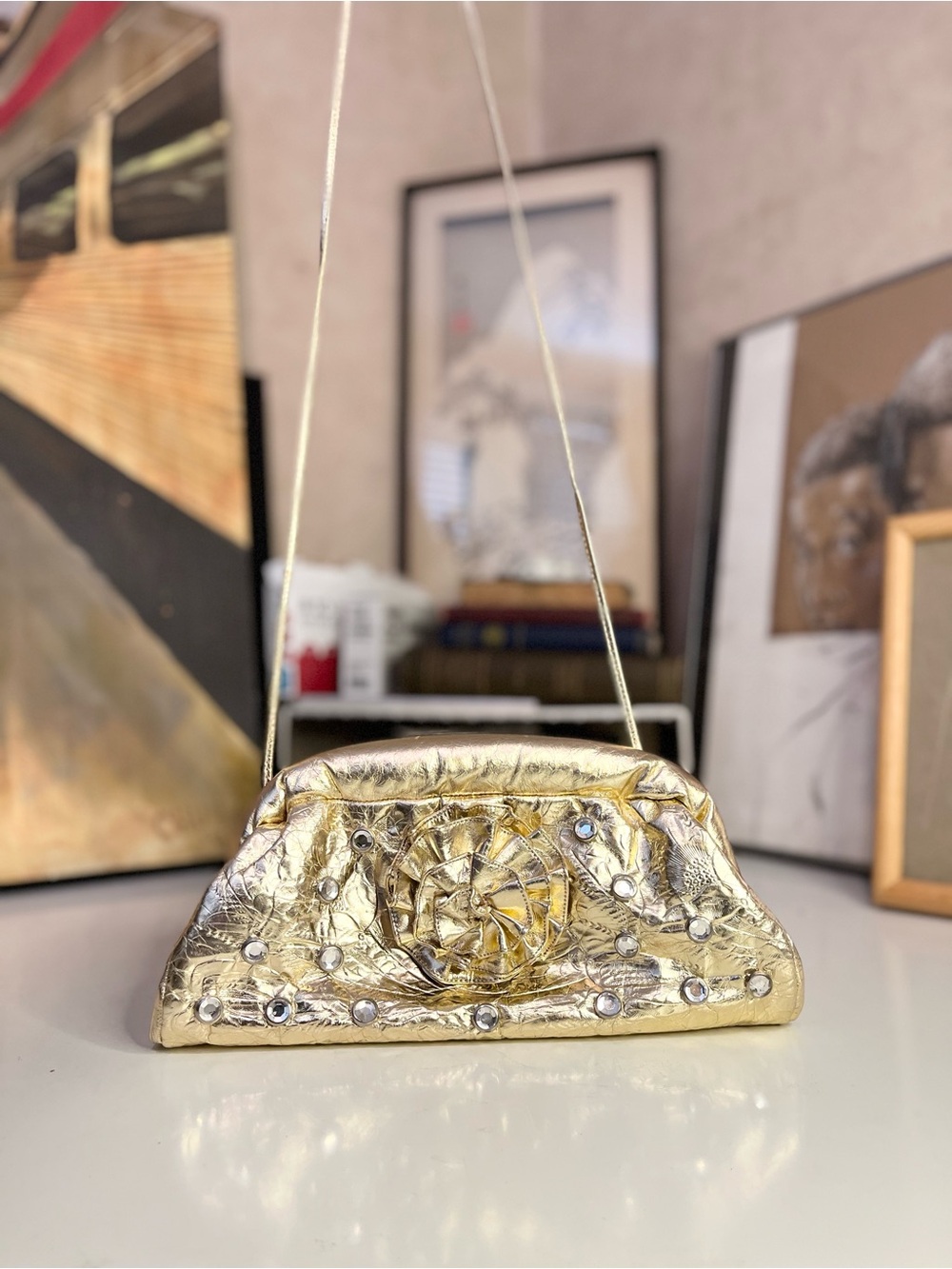 Gold Metallic Rosette Evening Mini Bag